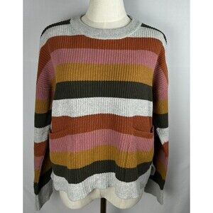 Madewell Boho Striped Sweater Large Patch Pockets Hi-Low Hem Relaxed Boxy Fit